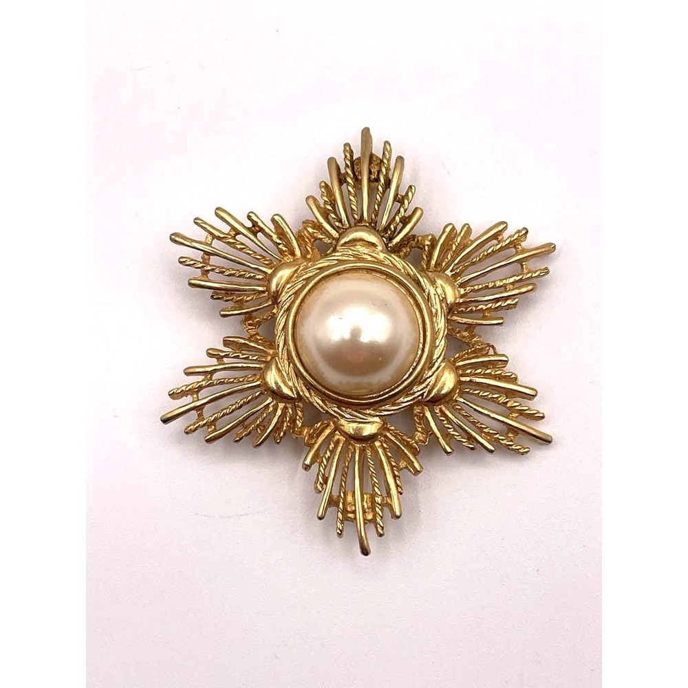 Vintage Givenchy Gold Tone Faux Pearl Starburst Brooch 2.5" Diameter Stunning